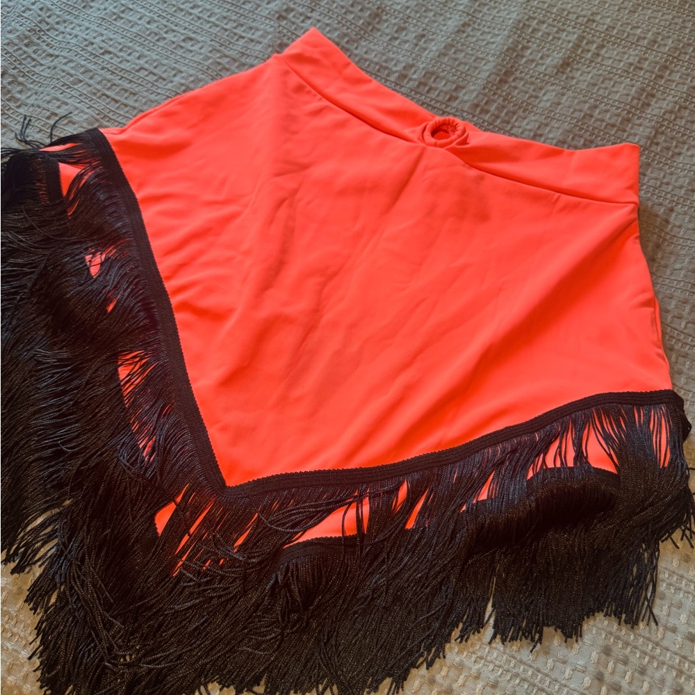 Vibrant Orange Skirt with Black Fringe